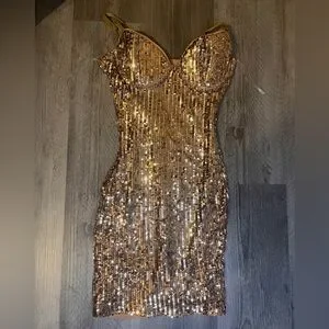 green emerald velvet dress Long-Sleeve Short Gold Sequin Party Dress 737 Gold / 00 main image 1